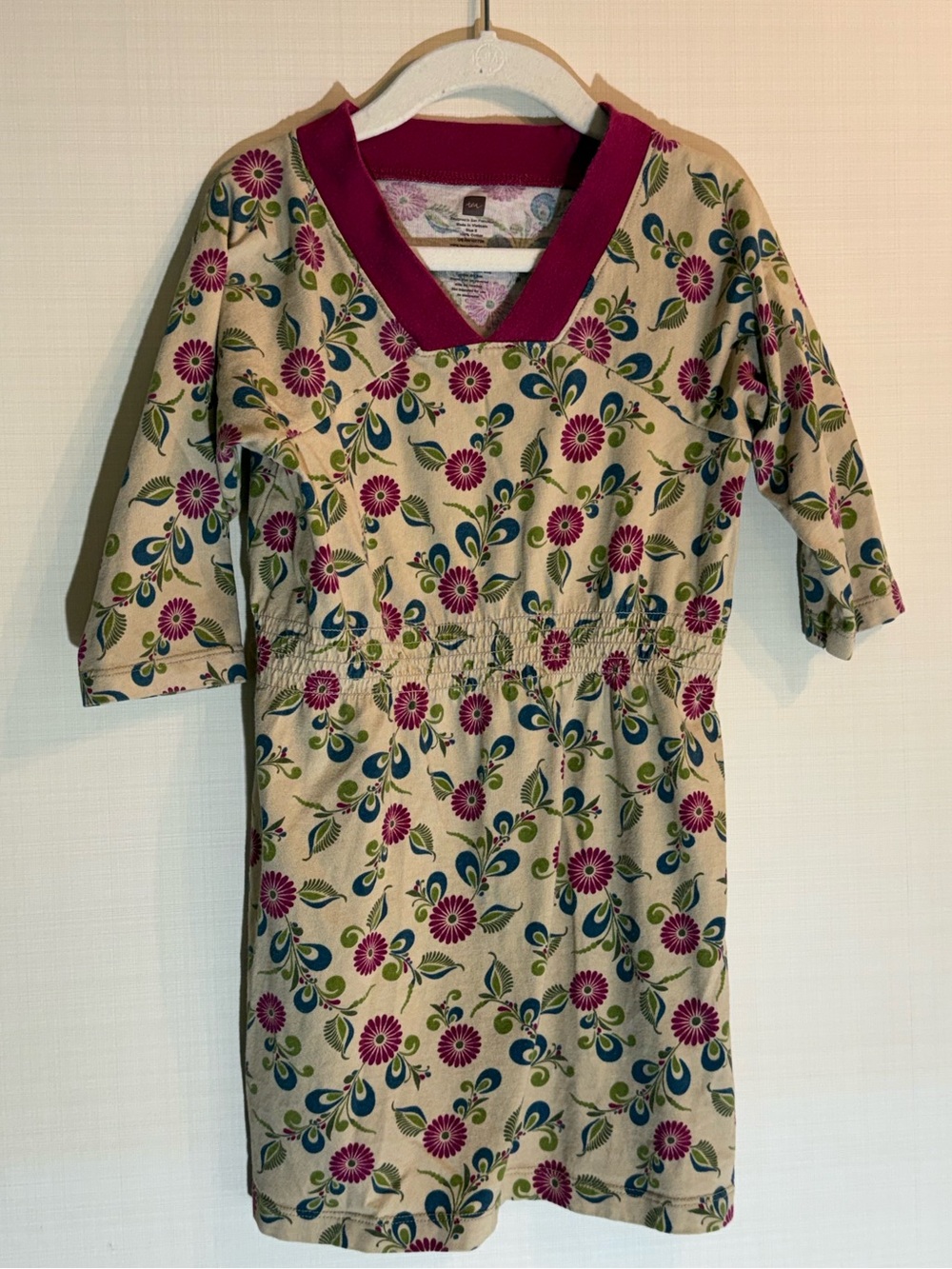 Girls tea Floral Cotton Dress with Magenta Trim